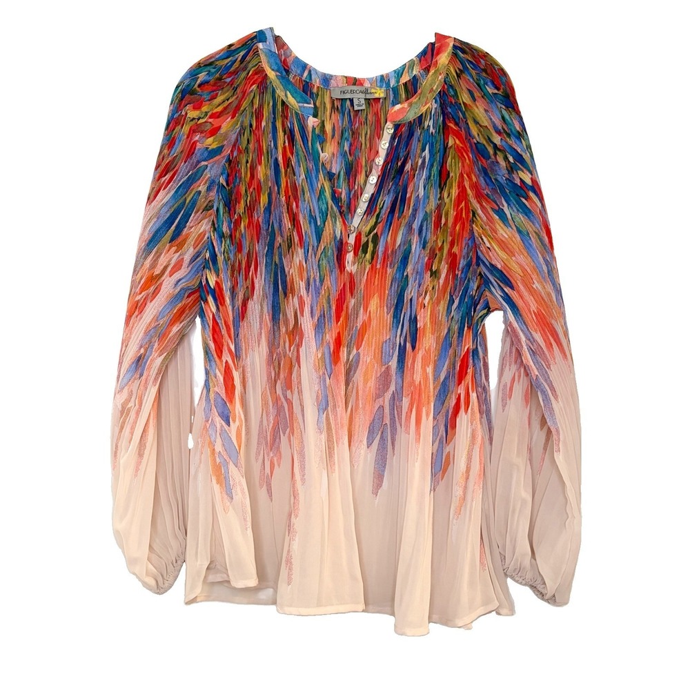 Figueroa & Flower Rainbow Blouse S Watercolor Abstract Boho Chiffon Office Tank